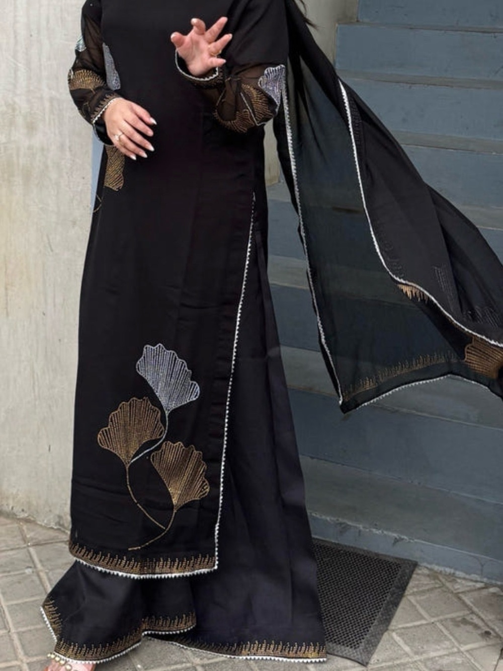 Elegant Black Embroidered Women's long shirt Dress with duppata